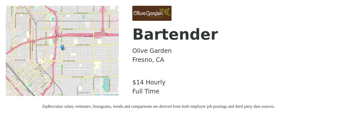 Olive Garden job posting for a Bartender in Fresno, CA with a salary of $16 Hourly with a map of Fresno location.