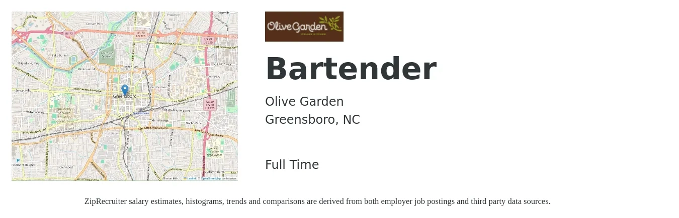 Olive Garden job posting for a Bartender in Greensboro, NC with a salary of $10 to $18 Hourly with a map of Greensboro location.