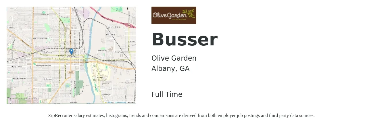 Olive Garden job posting for a Busser in Albany, GA with a salary of $10 to $14 Hourly with a map of Albany location.