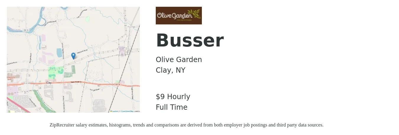 Olive Garden job posting for a Busser in Clay, NY with a salary of $9 Hourly with a map of Clay location.