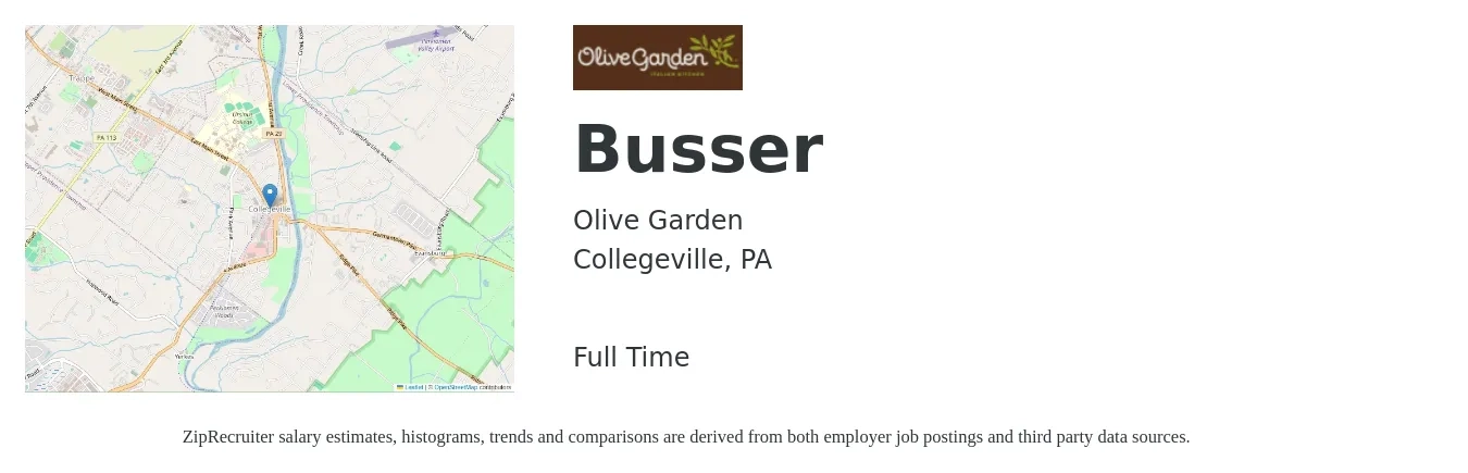 Olive Garden job posting for a Busser in Collegeville, PA with a salary of $11 to $16 Hourly with a map of Collegeville location.