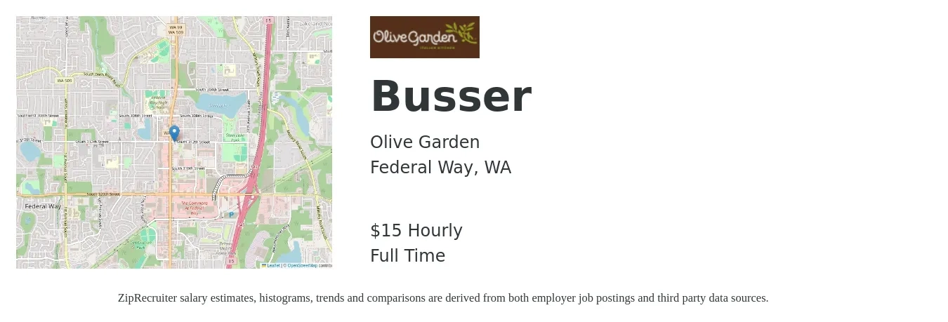 Olive Garden job posting for a Busser in Federal Way, WA with a salary of $16 Hourly with a map of Federal Way location.