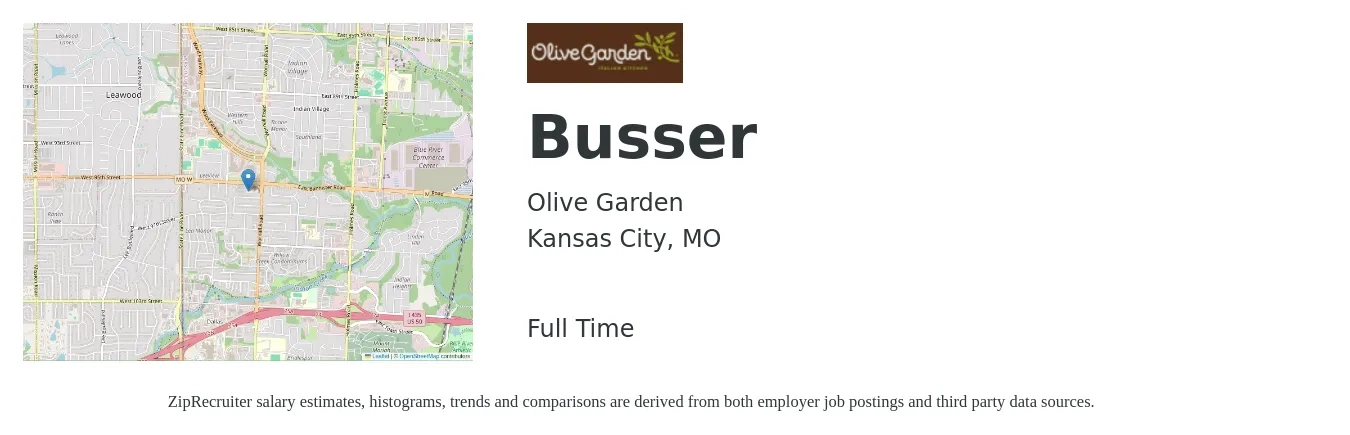 Olive Garden job posting for a Busser in Kansas City, MO with a salary of $10 to $15 Hourly with a map of Kansas City location.