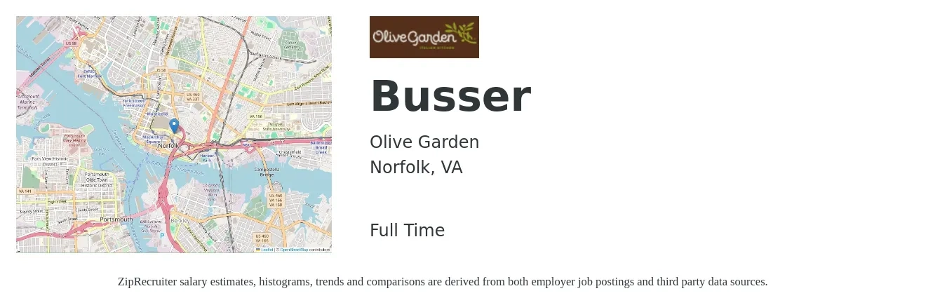 Olive Garden job posting for a Busser in Norfolk, VA with a salary of $10 to $15 Hourly with a map of Norfolk location.