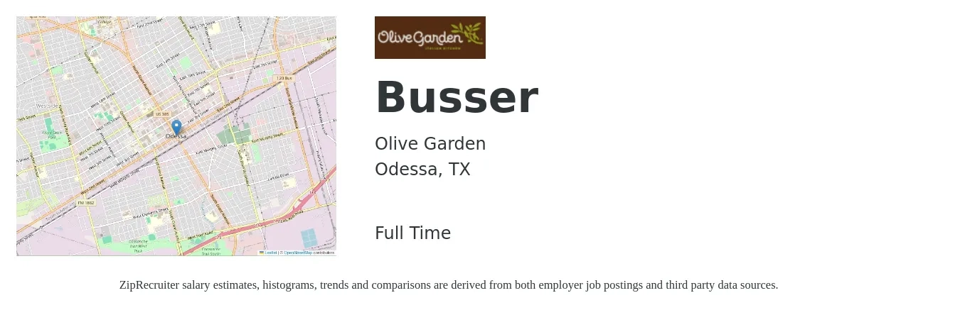 Olive Garden job posting for a Busser in Odessa, TX with a salary of $11 to $16 Hourly with a map of Odessa location.