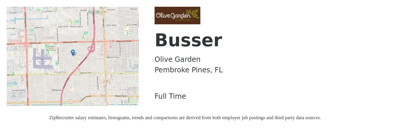 Olive Garden job posting for a Busser in Pembroke Pines, FL with a salary of $10 to $14 Hourly with a map of Pembroke Pines location.