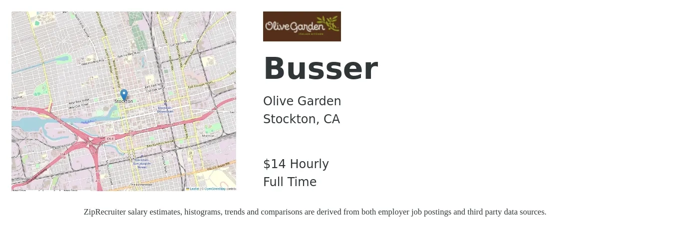 Olive Garden job posting for a Busser in Stockton, CA with a salary of $16 Hourly with a map of Stockton location.