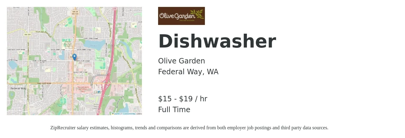 Olive Garden job posting for a Dishwasher in Federal Way, WA with a salary of $16 to $20 Hourly with a map of Federal Way location.