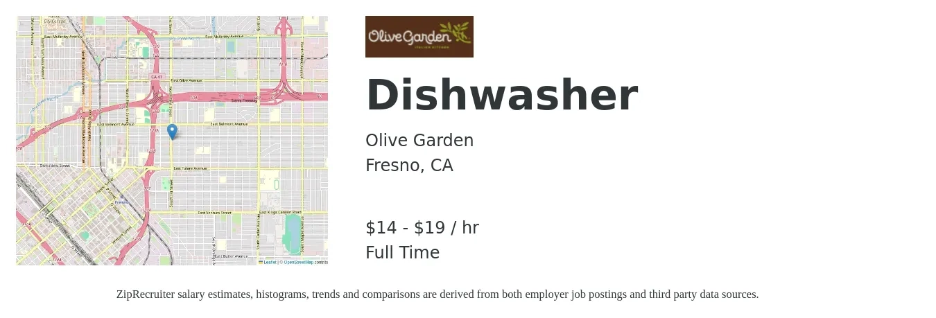 Olive Garden job posting for a Dishwasher in Fresno, CA with a salary of $16 to $20 Hourly with a map of Fresno location.