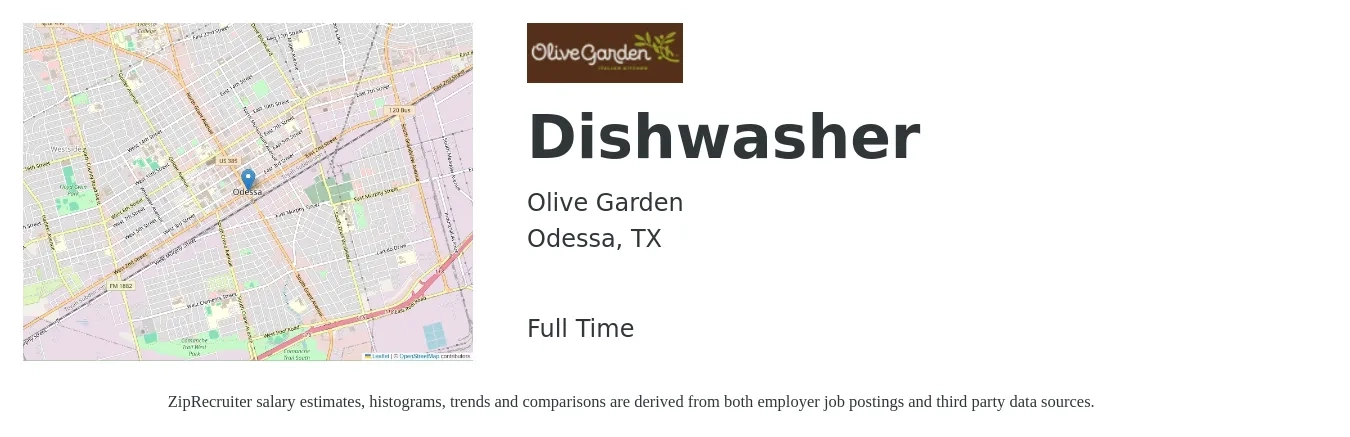 Olive Garden job posting for a Dishwasher in Odessa, TX with a salary of $13 to $17 Hourly with a map of Odessa location.