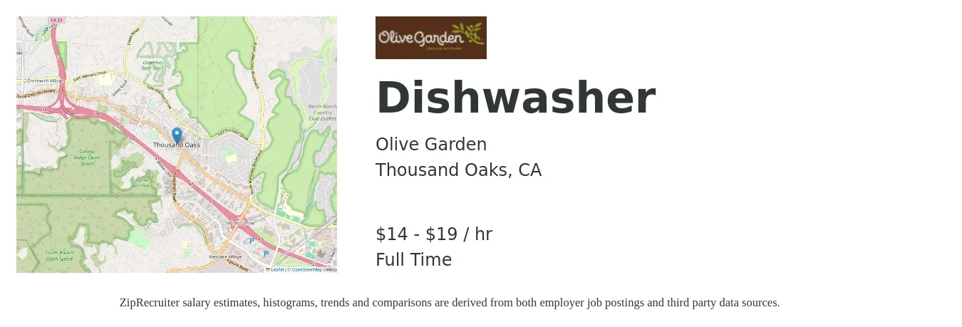 Olive Garden job posting for a Dishwasher in Thousand Oaks, CA with a salary of $16 to $20 Hourly with a map of Thousand Oaks location.