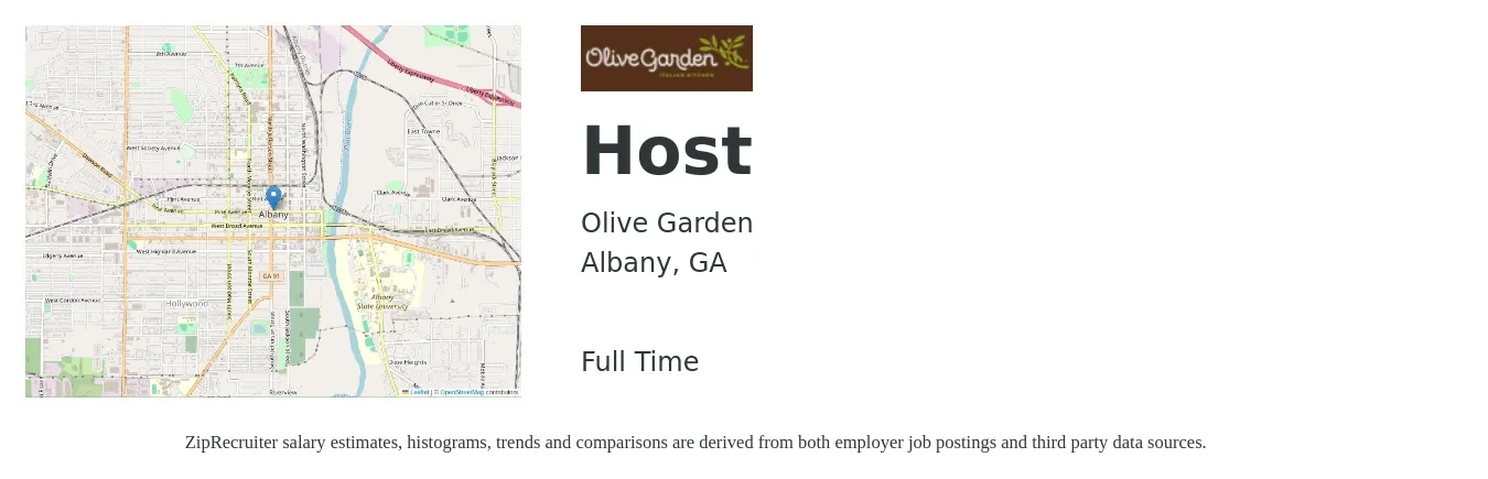 Olive Garden job posting for a Host in Albany, GA with a salary of $11 to $16 Hourly with a map of Albany location.