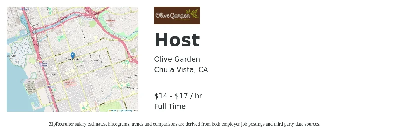 Olive Garden job posting for a Host in Chula Vista, CA with a salary of $16 to $18 Hourly with a map of Chula Vista location.