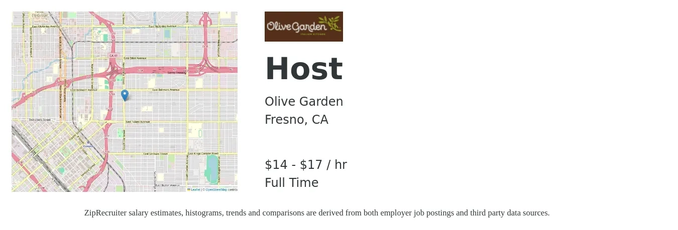 Olive Garden job posting for a Host in Fresno, CA with a salary of $16 to $18 Hourly with a map of Fresno location.