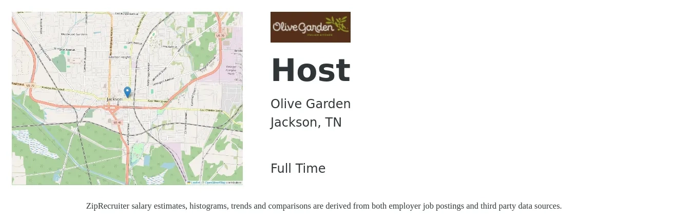 Olive Garden job posting for a Host in Jackson, TN with a salary of $12 to $16 Hourly with a map of Jackson location.