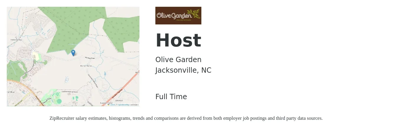 Olive Garden job posting for a Host in Jacksonville, NC with a salary of $11 to $15 Hourly with a map of Jacksonville location.