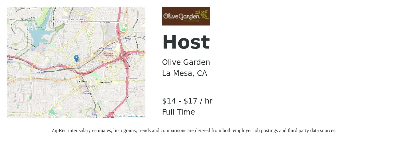 Olive Garden job posting for a Host in La Mesa, CA with a salary of $16 to $18 Hourly with a map of La Mesa location.