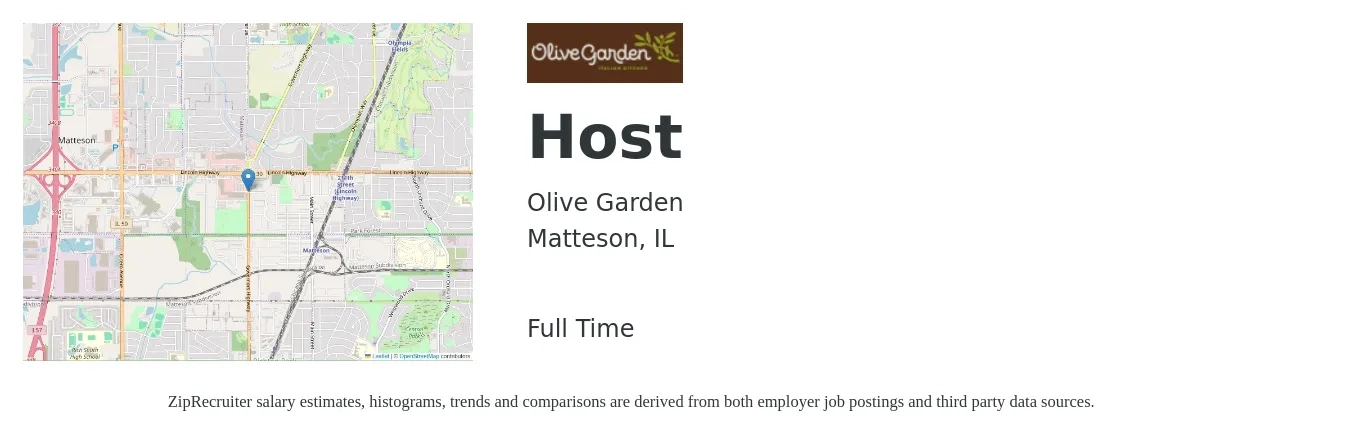 Olive Garden job posting for a Host in Matteson, IL with a salary of $12 to $16 Hourly with a map of Matteson location.