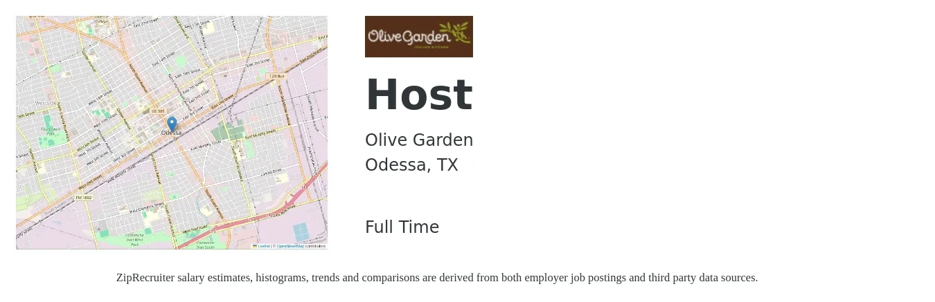 Olive Garden job posting for a Host in Odessa, TX with a salary of $12 to $17 Hourly with a map of Odessa location.