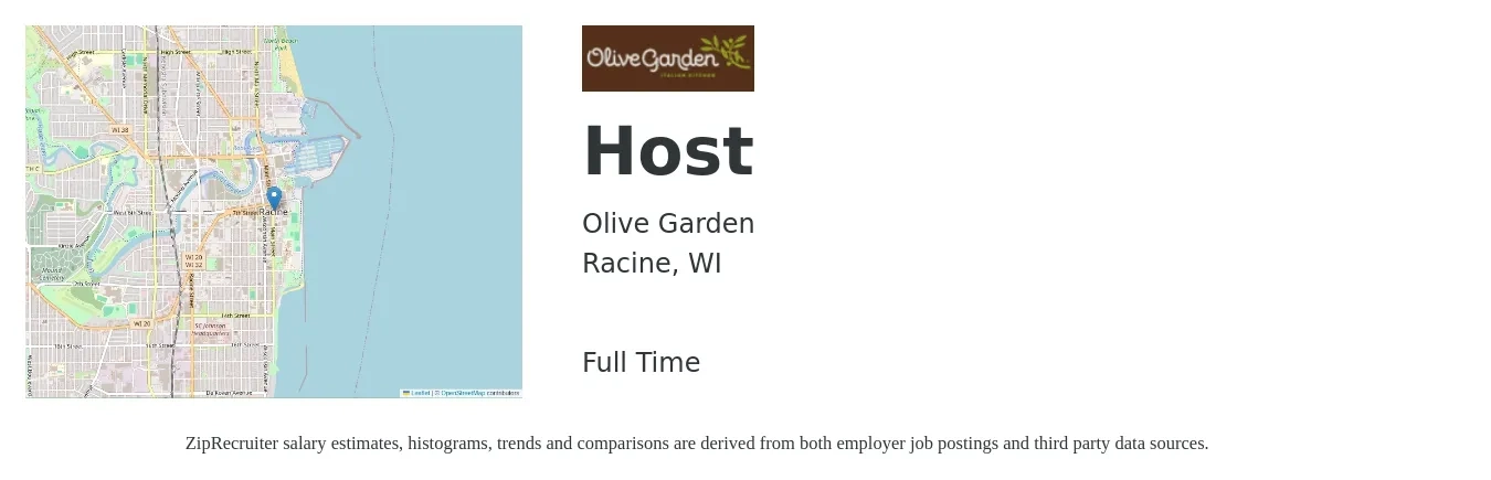 Olive Garden job posting for a Host in Racine, WI with a salary of $11 to $16 Hourly with a map of Racine location.