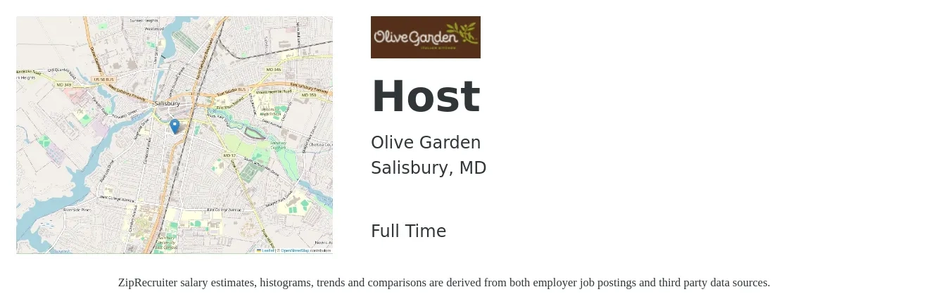 Olive Garden job posting for a Host in Salisbury, MD with a salary of $12 to $16 Hourly with a map of Salisbury location.