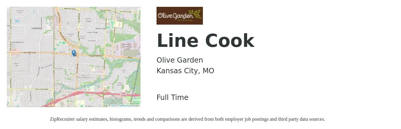 Olive Garden job posting for a Line Cook in Kansas City, MO with a salary of $15 to $19 Hourly with a map of Kansas City location.