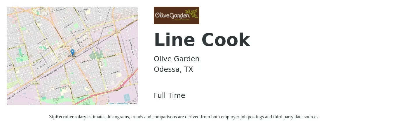 Olive Garden job posting for a Line Cook in Odessa, TX with a salary of $16 to $20 Hourly with a map of Odessa location.