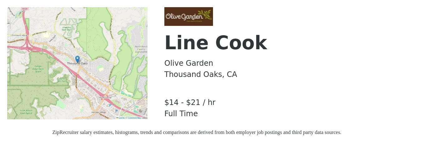 Olive Garden job posting for a Line Cook in Thousand Oaks, CA with a salary of $16 to $22 Hourly with a map of Thousand Oaks location.