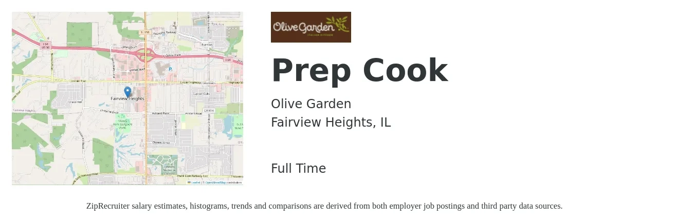 Olive Garden job posting for a Prep Cook in Fairview Heights, IL with a salary of $14 to $18 Hourly with a map of Fairview Heights location.