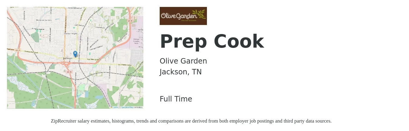Olive Garden job posting for a Prep Cook in Jackson, TN with a salary of $14 to $17 Hourly with a map of Jackson location.