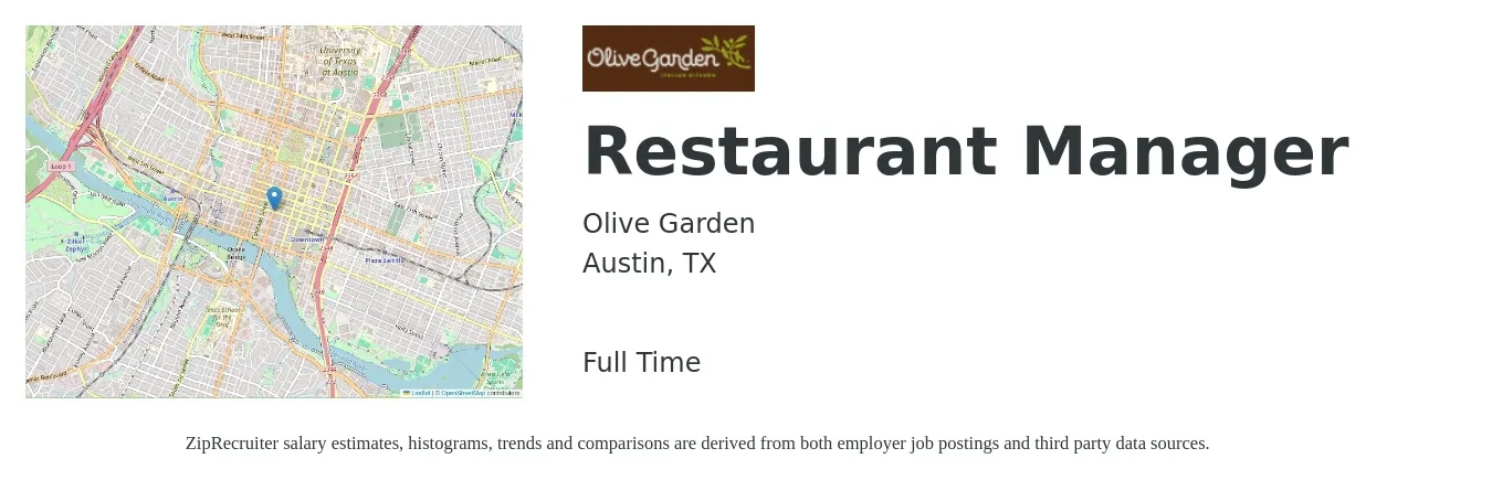 Olive Garden job posting for a Restaurant Manager in Austin, TX with a salary of $44,600 to $62,900 Yearly with a map of Austin location.