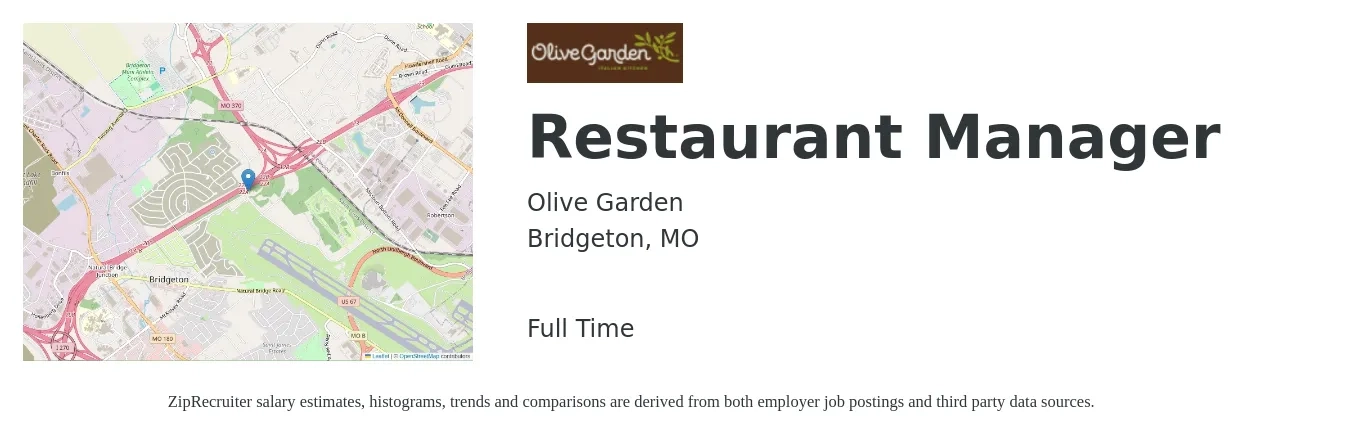 Olive Garden job posting for a Restaurant Manager in Bridgeton, MO with a salary of $42,800 to $60,300 Yearly with a map of Bridgeton location.