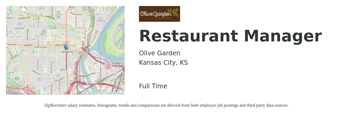 Olive Garden job posting for a Restaurant Manager in Kansas City, KS with a salary of $43,400 to $61,200 Yearly with a map of Kansas City location.