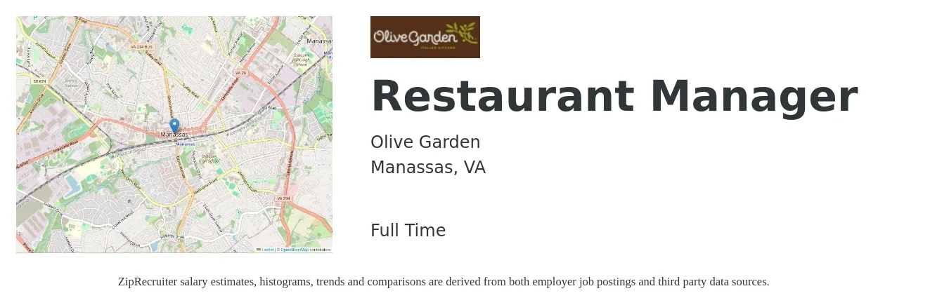 Olive Garden job posting for a Restaurant Manager in Manassas, VA with a salary of $45,000 to $63,500 Yearly with a map of Manassas location.