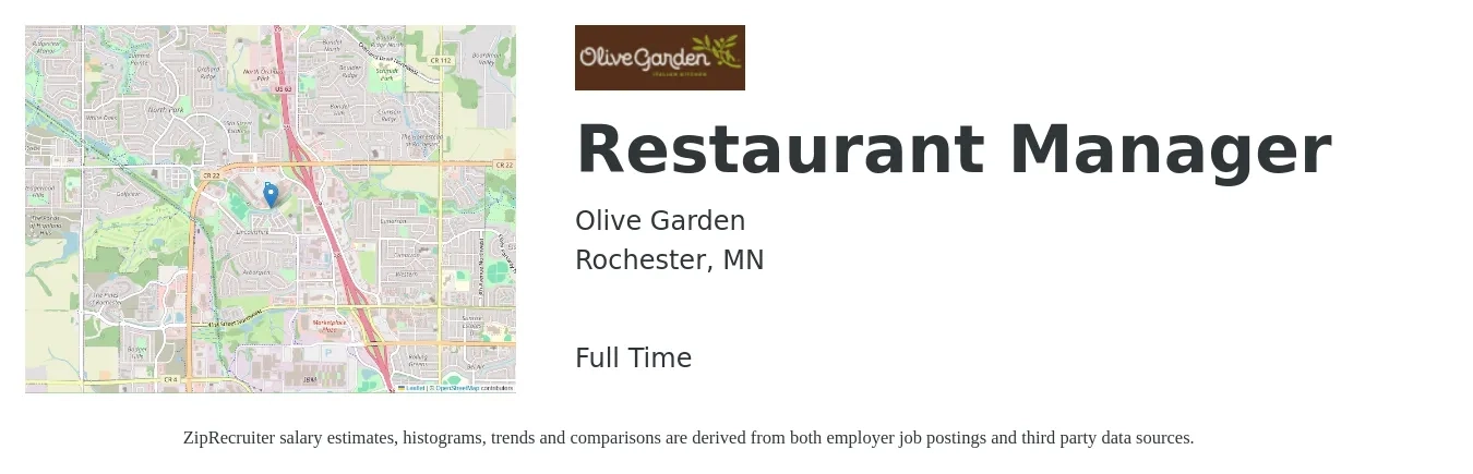 Olive Garden job posting for a Restaurant Manager in Rochester, MN with a salary of $45,700 to $64,500 Yearly with a map of Rochester location.