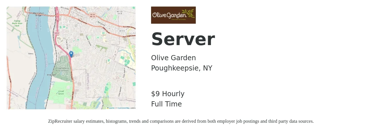Olive Garden job posting for a Server in Poughkeepsie, NY with a salary of $9 Hourly with a map of Poughkeepsie location.