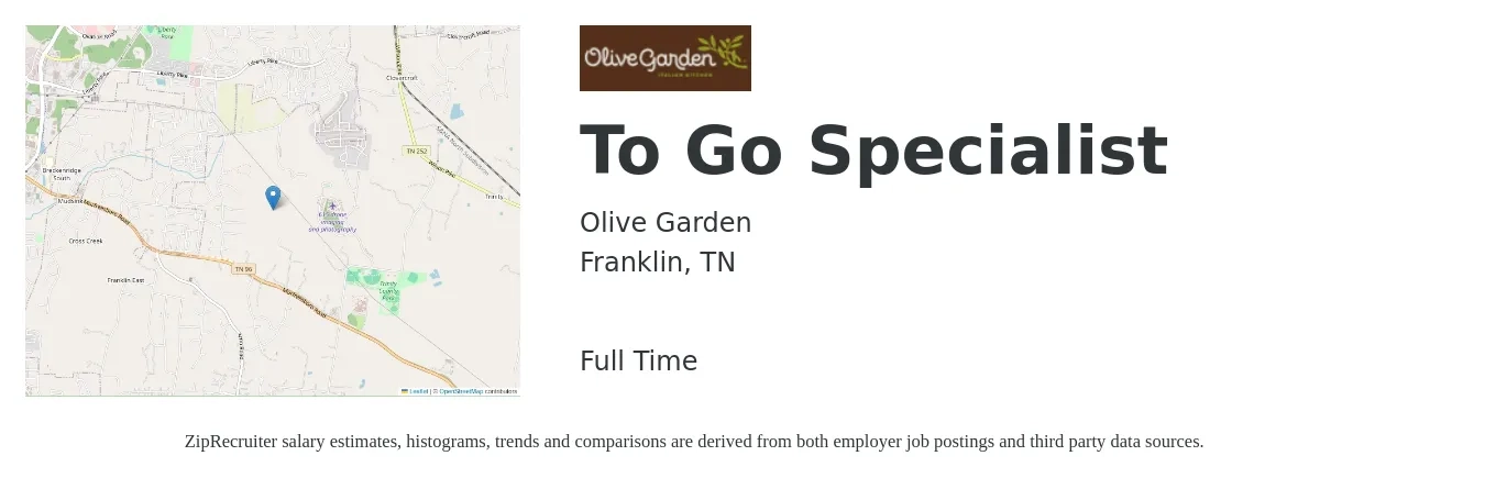 Olive Garden job posting for a To Go Specialist in Franklin, TN with a map of Franklin location.