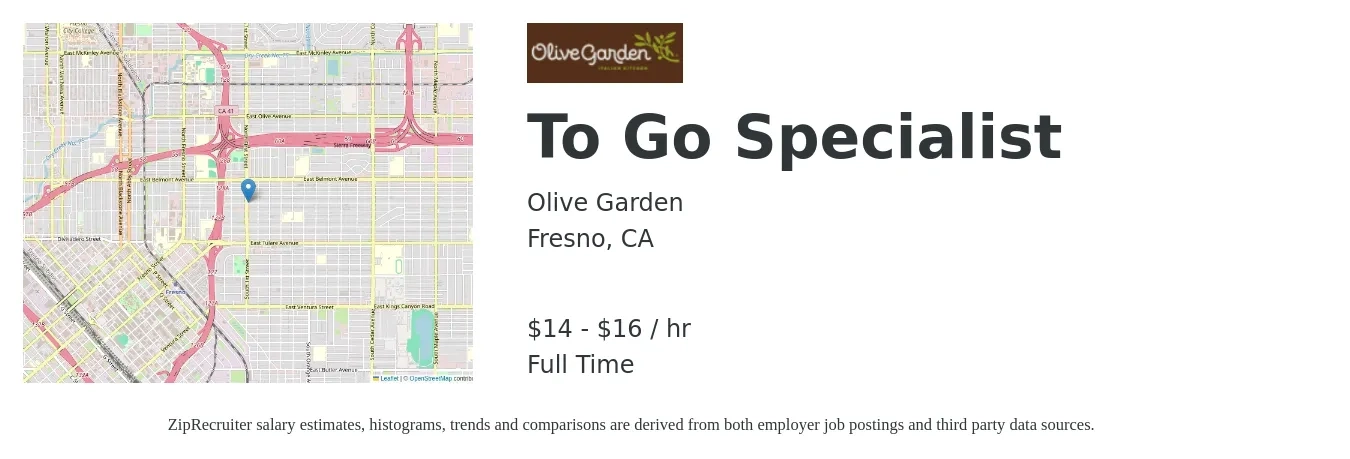 Olive Garden job posting for a To Go Specialist in Fresno, CA with a salary of $16 to $17 Hourly with a map of Fresno location.