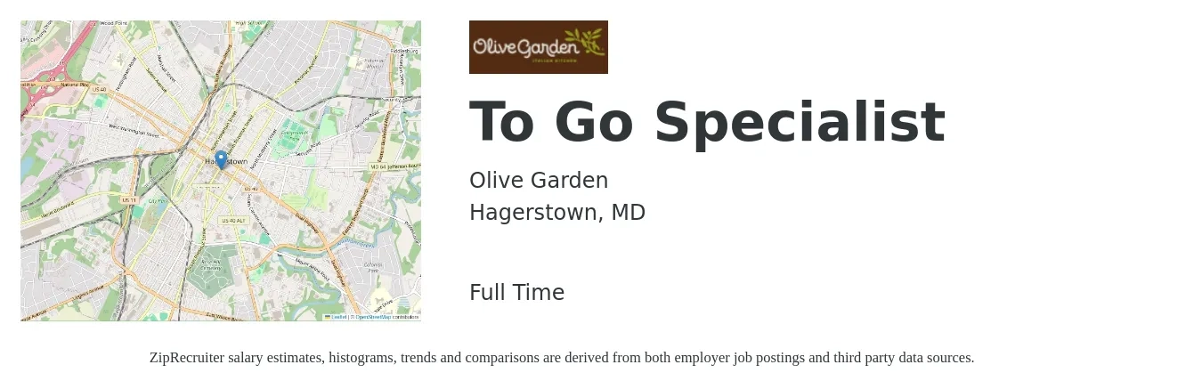 Olive Garden job posting for a To Go Specialist in Hagerstown, MD with a map of Hagerstown location.
