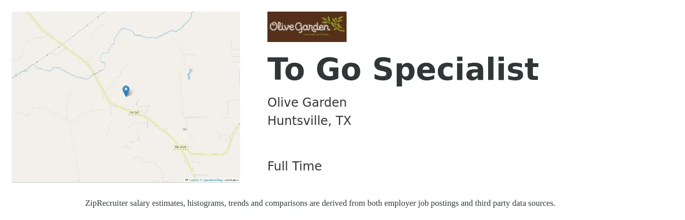 Olive Garden job posting for a To Go Specialist in Huntsville, TX with a map of Huntsville location.