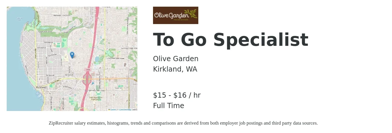 Olive Garden job posting for a To Go Specialist in Kirkland, WA with a salary of $16 to $17 Hourly with a map of Kirkland location.