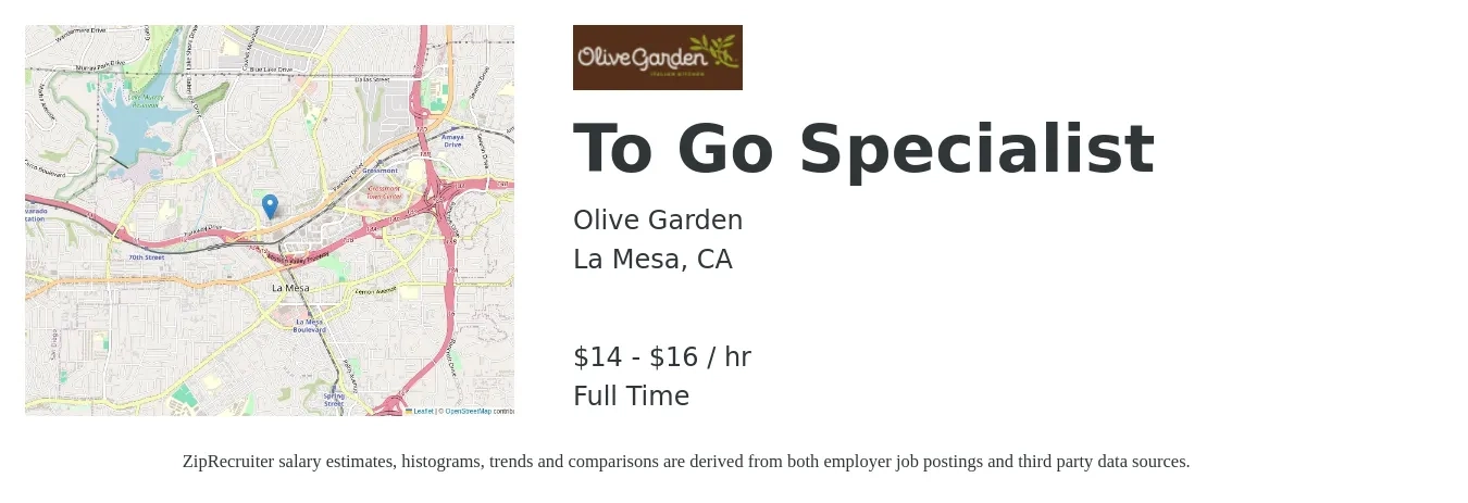 Olive Garden job posting for a To Go Specialist in La Mesa, CA with a salary of $16 to $17 Hourly with a map of La Mesa location.