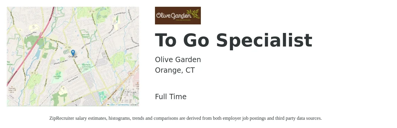 Olive Garden job posting for a To Go Specialist in Orange, CT with a map of Orange location.
