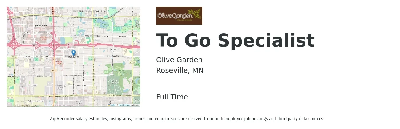 Olive Garden job posting for a To Go Specialist in Roseville, MN with a map of Roseville location.