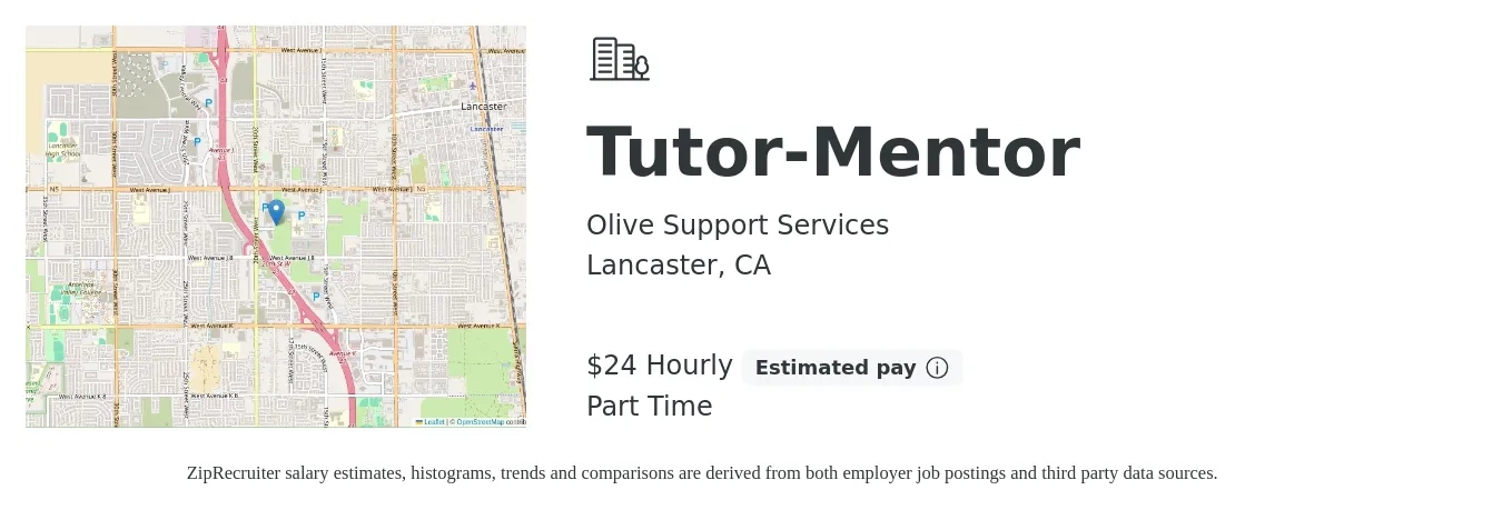 Olive Support Services job posting for a Tutor-Mentor in Lancaster, CA with a salary of $25 Hourly and benefits including pto with a map of Lancaster location.