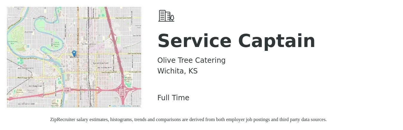 Olive Tree Catering job posting for a Service Captain in Wichita, KS with a salary of $15 to $17 Hourly with a map of Wichita location.
