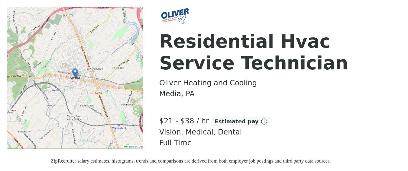 Oliver Heating and Cooling job posting for a Residential Hvac Service Technician in Media, PA with a salary of $22 to $40 Hourly and benefits including retirement, vision, dental, life_insurance, and medical with a map of Media location.