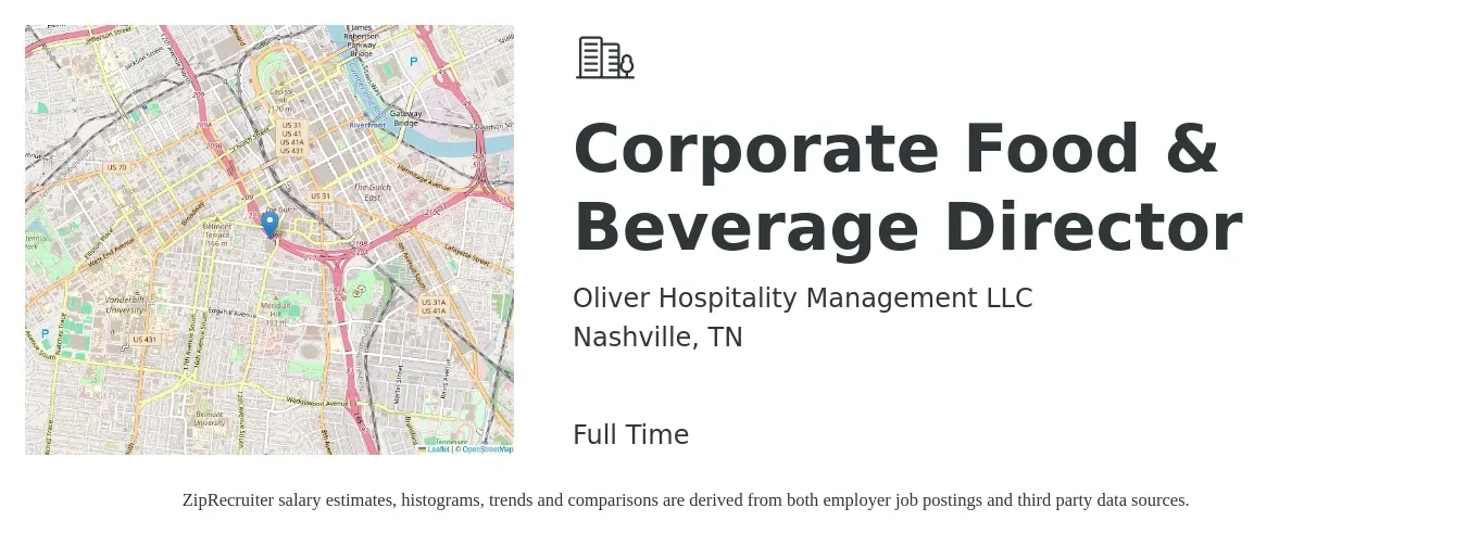 Oliver Hospitality Management LLC job posting for a Corporate Food & Beverage Director in Nashville, TN with a salary of $69,500 to $111,100 Yearly with a map of Nashville location.