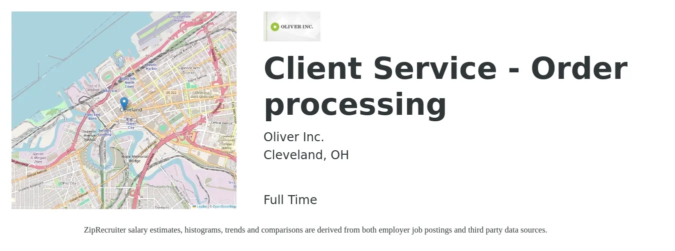 Oliver Inc. job posting for a Client Service - Order processing in Cleveland, OH with a salary of $16 to $21 Hourly with a map of Cleveland location.