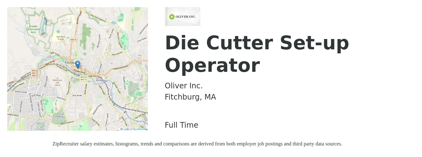 Oliver Inc. job posting for a Die Cutter Set-up Operator in Fitchburg, MA with a salary of $19 to $24 Hourly with a map of Fitchburg location.